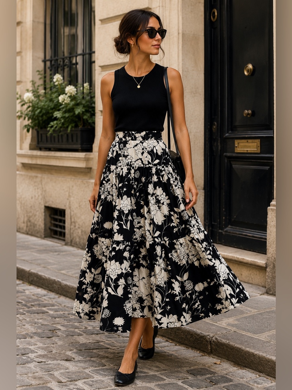 Maje Floral Cotton Poplin Tiered Maxi Parisian Skirt Black White Size 36 S